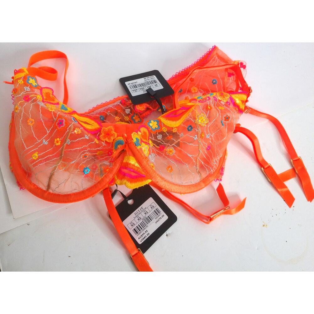 Honey Birdette Dixie Orange Bra 30G And Garter XS Embroidered Sheer Set - Picture 7 of 8